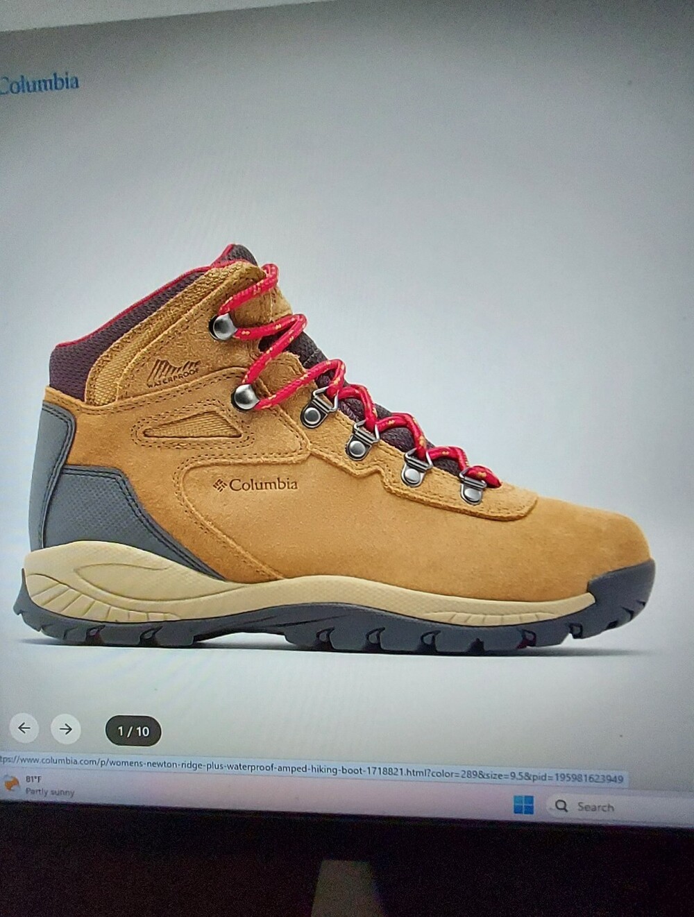 Columbia Women's Elk Brown Suede Waterproof Hiking Boot w Red Laces. Sz 9.5 NWB
